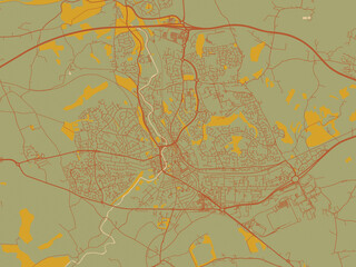 Modern flat map poster of Bridgend, United Kingdom in olive backdrop with warm rust street network and ochre blocks.