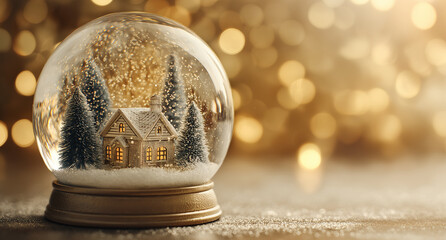 a beautiful snow globe with an inside scene of a cozy house, pine trees, and falling golden glittery lights. the background is a blurred golden color. a magical winter wonderland