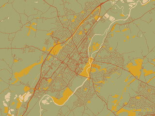 Decorative flat city map of Burton-on-Trent, United Kingdom using sage green ground with rust-red roads and ochre accents.