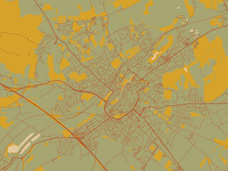 Contemporary flat map of Canterbury, United Kingdom design with sage green ground with rust-red roads and ochre accents.