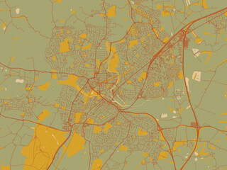 Poster-ready flat map of Chelmsford, United Kingdom, earthy sage background with rust roadways and ochre details.
