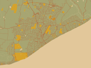 Fototapeta premium Minimalist flat city map of Clacton-on-Sea, United Kingdom with earthy sage background with rust roadways and ochre details.