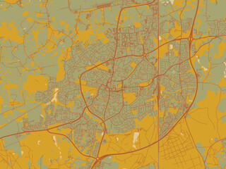 Obraz premium Flat painterly map of Crawley, United Kingdom in earthy sage background with rust roadways and ochre details.