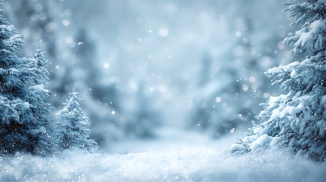 A magical winter wonderland scene with snow falling gently on snow covered pine trees lining a path into a soft blurry forest - Powered by Adobe