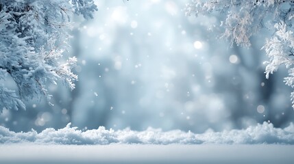 Soft falling snow illuminates a magical winter forest scene with frosted trees and a bright ethereal glow in the background