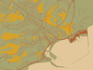 Flat painterly map of Dover, United Kingdom in earthy sage background with rust roadways and ochre details.