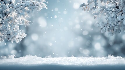 Magical winter forest scene with falling snow and soft bokeh lights creating a serene and enchanting atmosphere