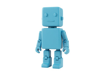 Isolated Cute Blue Robot Toy Figure Standing on White Surface. Small Artificial Intelligence