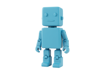 Isolated Cute Blue Robot Toy Figure Standing on White Surface. Small Artificial Intelligence