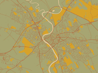 Obraz premium Contemporary flat map of Dumfries, United Kingdom design with muted sage base, rust-colored roads, and soft ochre highlights.