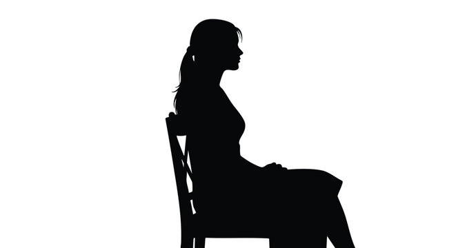 Silhouette of a woman sitting on a chair, seen from the side against a white background - Powered by Adobe