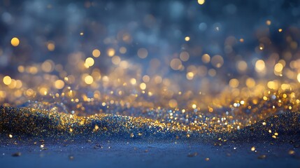 Abstract glittering bokeh lights in warm golden and cool blue tones creating a magical and festive atmosphere for celebrations and holidays