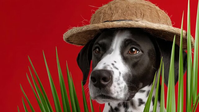 Dalmatian with straw hat behind tropical leaves against red background