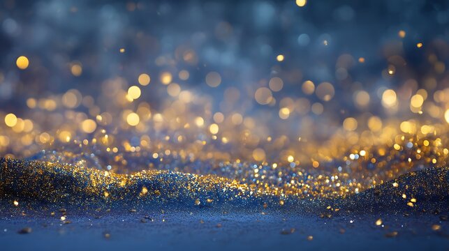 Abstract glittering bokeh lights in warm golden and cool blue tones creating a magical and festive atmosphere for celebrations and holidays