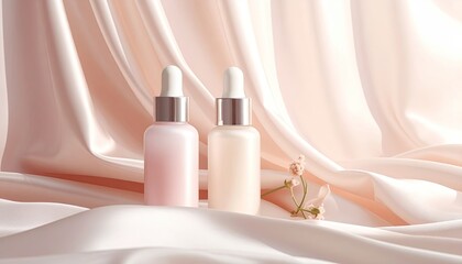 Cosmetic serum bottles with droppers presented on soft satin fabric in warm golden light and delicate flower accents for beauty and skincare advertising