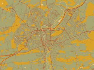 Graphic flat color map of Guildford, United Kingdom in earthy sage background with rust roadways and ochre details.