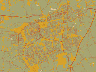 Minimalist flat city map of Harlow, United Kingdom with sage/olive tone field with rust networks and ochre shapes, cream water.