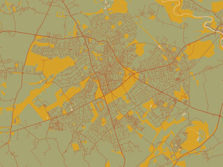 Vector-style flat map of Harrogate, United Kingdom with muted sage base, rust-colored roads, and soft ochre highlights.