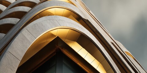 Fototapeta premium Dramatic Golden Curves and Stone Facade of Modern Architecture
