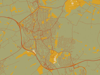 Contemporary flat map of Kettering, United Kingdom design with sage green ground with rust-red roads and ochre accents.