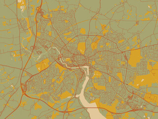 Contemporary flat map of Ipswich, United Kingdom design with earthy sage background with rust roadways and ochre details.