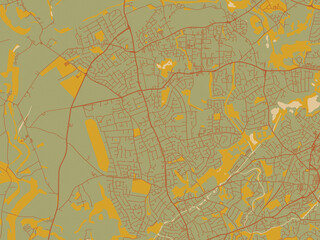 Decorative flat city map of Kingswinford, United Kingdom using olive backdrop with warm rust street network and ochre blocks.