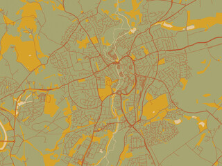Flat painterly map of Kidderminster, United Kingdom in olive backdrop with warm rust street network and ochre blocks.