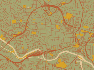 Contemporary flat map of Leeds Center, United Kingdom design with sage/olive tone field with rust networks and ochre shapes, cream water.