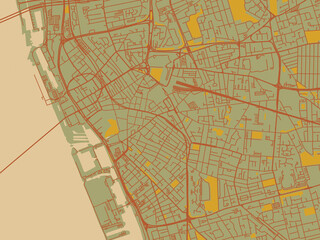 Obraz premium Modern flat map poster of Liverpool Center, United Kingdom in olive backdrop with warm rust street network and ochre blocks.