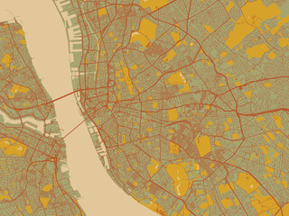 Obraz premium Contemporary flat map of Liverpool, United Kingdom design with olive backdrop with warm rust street network and ochre blocks.