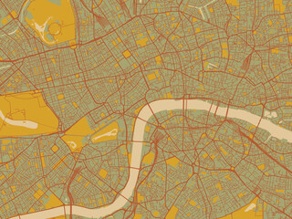 Decorative flat city map of London Center, United Kingdom using olive backdrop with warm rust street network and ochre blocks.