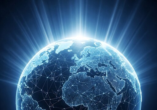 A glowing digital representation of planet earth, viewed from space, with continents illuminated by bright blue light emanating from the core, symbolizing global connectivity and technology