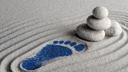 Footprint symbol and stacked stones on sand background for concepts