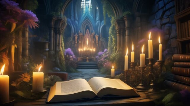 burning candles in church near Bible in fantasy style