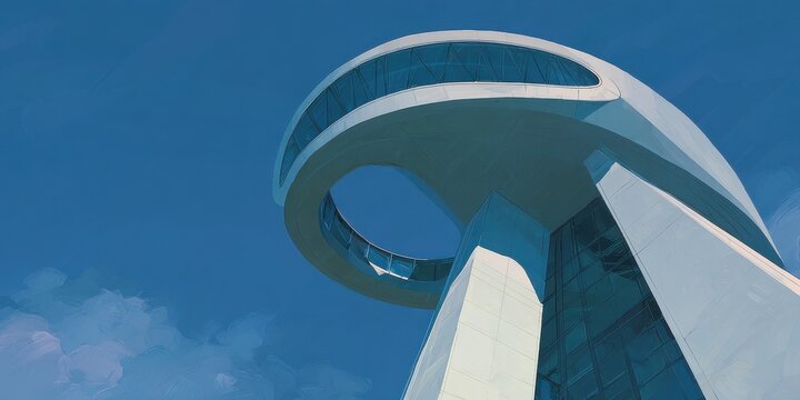 Futuristic circular observation deck with ovoid opening against a blue sky.