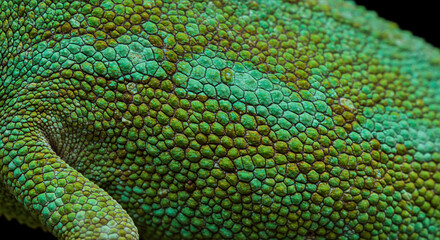Fototapeta premium Detailed closeup of a chameleons green and brown skin with scale pattern
