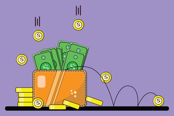 Wallet with money and coins falling around it, representing wealth, savings, and financial success concept