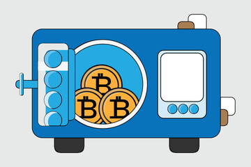 Safe with bitcoin coins inside, representing cryptocurrency security, investment, and digital finance concept