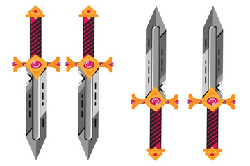 Two pairs of fantasy swords with gems, perfect for game assets or illustrations