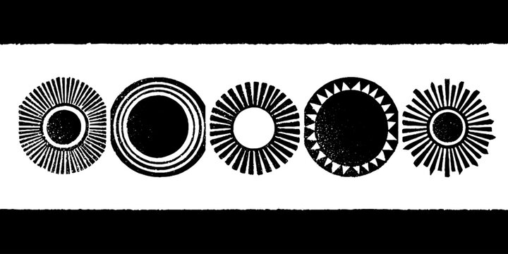 Tribal folk art blackwork illustration set featuring creative sun motifs