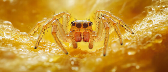 A close-up of a four-eyed spider on a gold background would be suitable for scientific articles about arthropods or art projects.