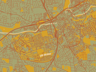Obraz premium Vector-style flat map of Stockport, United Kingdom with olive backdrop with warm rust street network and ochre blocks.