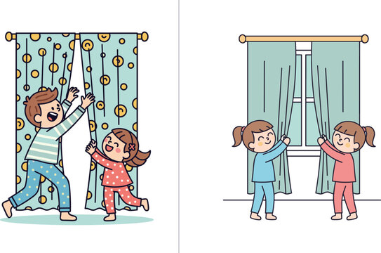 Children pointing at movie posters, cartoon cinema scene, action vs thriller contrast, expressive emotion, animated film moment, genre illustration