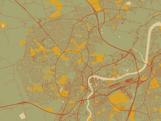 Poster-ready flat map of Stockton-on-Tees, United Kingdom, olive backdrop with warm rust street network and ochre blocks.