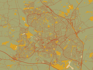 Graphic flat color map of Swindon, United Kingdom in sage/olive tone field with rust networks and ochre shapes, cream water.