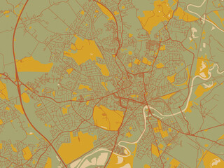 Decorative flat city map of Wakefield, United Kingdom using olive backdrop with warm rust street network and ochre blocks.