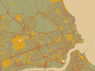 Abstract flat-design map of Tynemouth, United Kingdom, featuring olive backdrop with warm rust street network and ochre blocks.