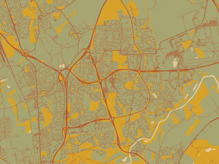 Vector-style flat map of Washington UK, United Kingdom with sage green ground with rust-red roads and ochre accents.