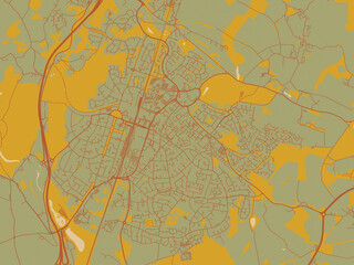 Decorative flat city map of Welwyn Garden City, United Kingdom using sage/olive tone field with rust networks and ochre shapes, cream water.