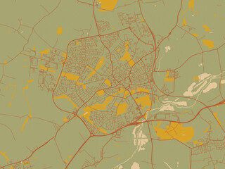 Flat painterly map of Wellingborough, United Kingdom in sage/olive tone field with rust networks and ochre shapes, cream water.